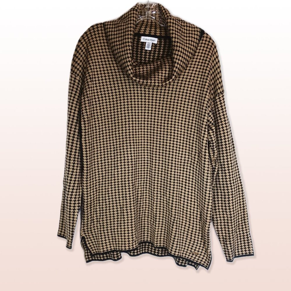 Calvin Klein Cowl Neck Houndstooth Long Sleeved Knit Top Tan & Black Size L